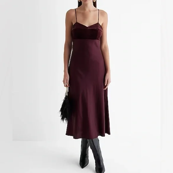 Express | Dresses | Express Womens Satin Velvet Burgundy Dress | Poshmark